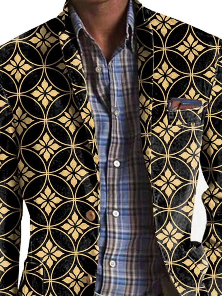 Men DJ Print Jacket | Vintage Printed Lapel Three-Pocket Casual Blazer Photo Color