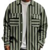 Men DJ Print Jacket | Vintage Two-Tone Striped Print Double Pocket Casual Jacket Army Green