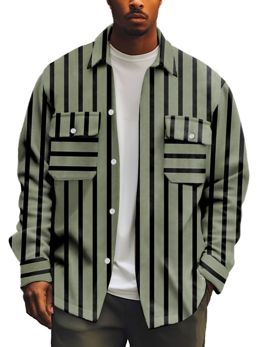 Men DJ Print Jacket | Vintage Two-Tone Striped Print Double Pocket Casual Jacket Army Green