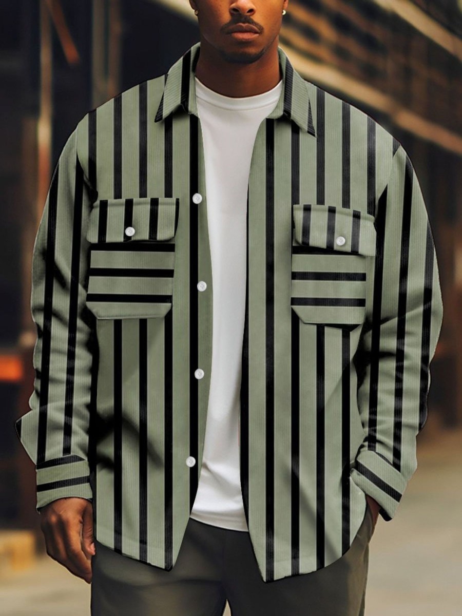 Men DJ Print Jacket | Vintage Two-Tone Striped Print Double Pocket Casual Jacket Army Green