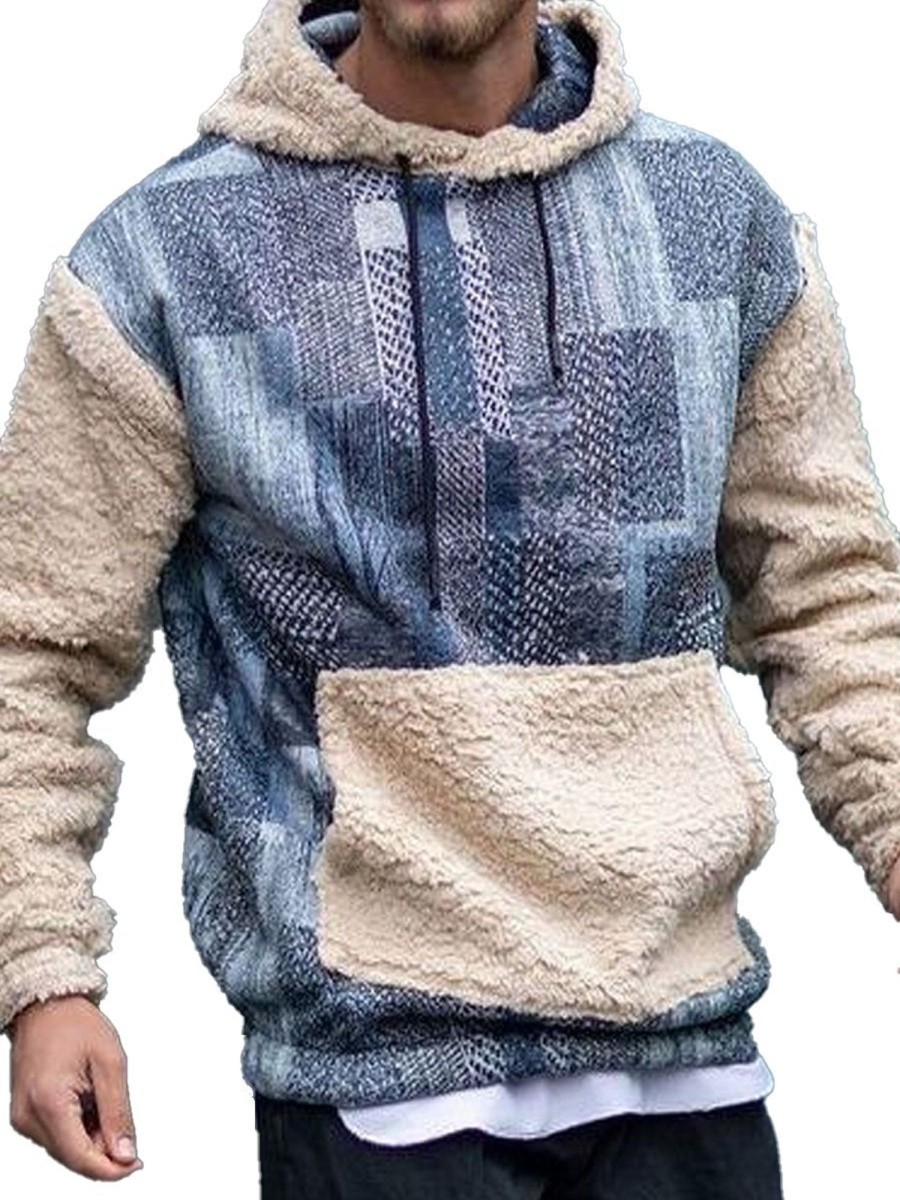 Men DJ Print Hoodie | Ethnic Retro Print Patchwork Pocket Warm Hooded Sweatshirt Photo Color