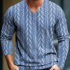 Men DJ Print Sweater | V-Neck Cable-Print Casual Pullover Knitted Sweater Blue