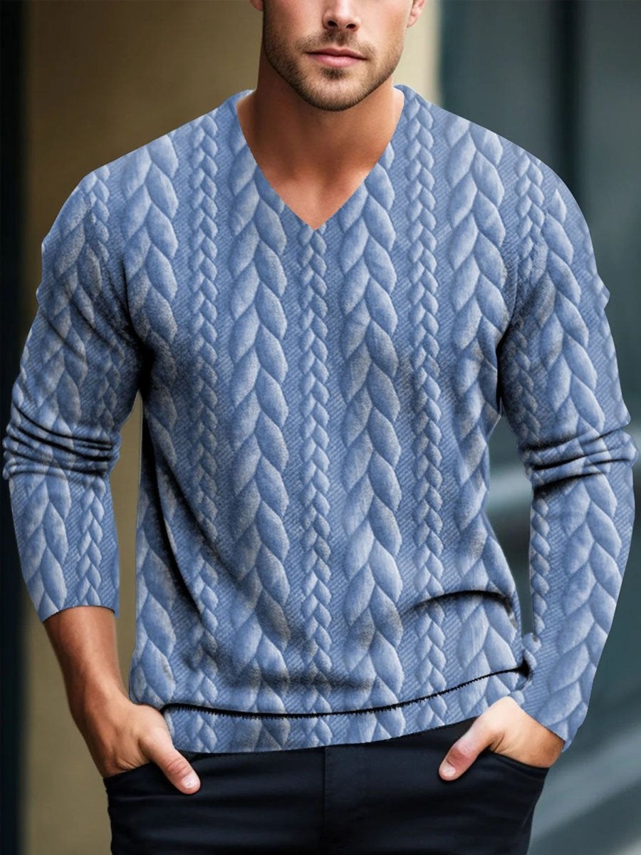 Men DJ Print Sweater | V-Neck Cable-Print Casual Pullover Knitted Sweater Blue