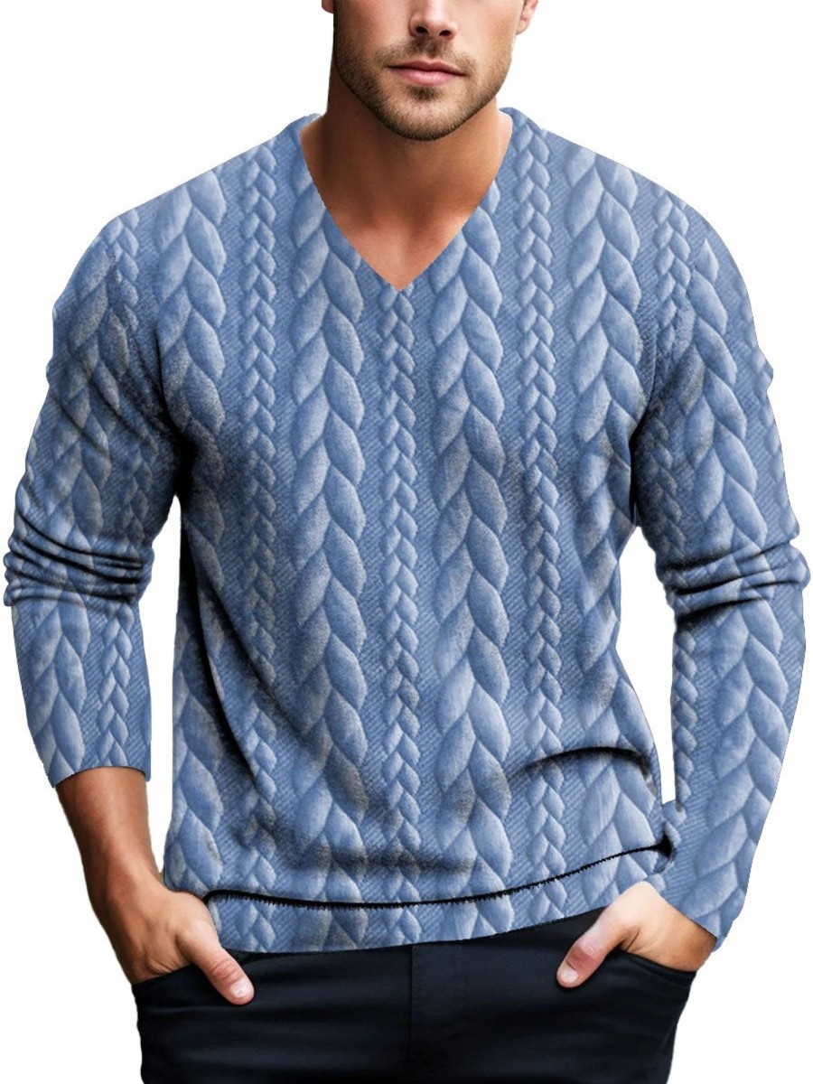 Men DJ Print Sweater | V-Neck Cable-Print Casual Pullover Knitted Sweater Blue