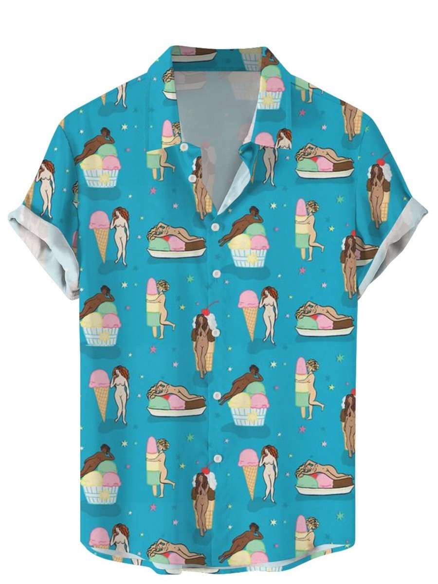 Men DJ Shirts | Fun Ice Cream Girl Print Hawaiian Short Sleeve Shirt Blue