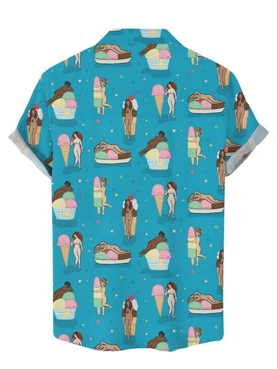 Men DJ Shirts | Fun Ice Cream Girl Print Hawaiian Short Sleeve Shirt Blue