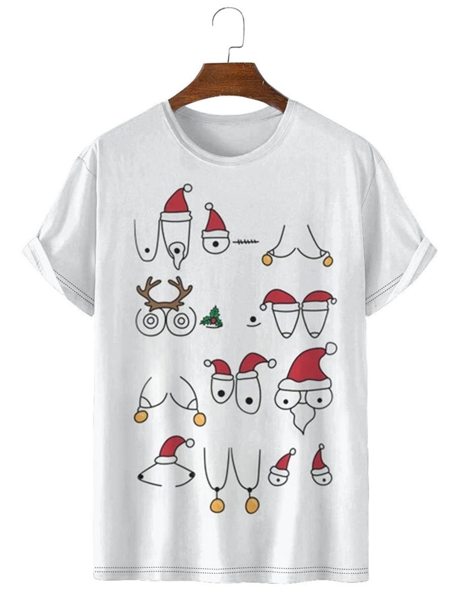 Men DJ T-Shirts | Fun Merry Christmas Boobs Printed Casual Round Neck Short Sleeve T-Shirt White