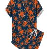 Men DJ Set | Men'S Cartoon Octopus Print Short Sleeve Set Navy