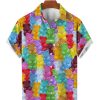 Men DJ Shirts | Cartoon Rainbow Bear Print Casual Short Sleeve Shirt Photo Color