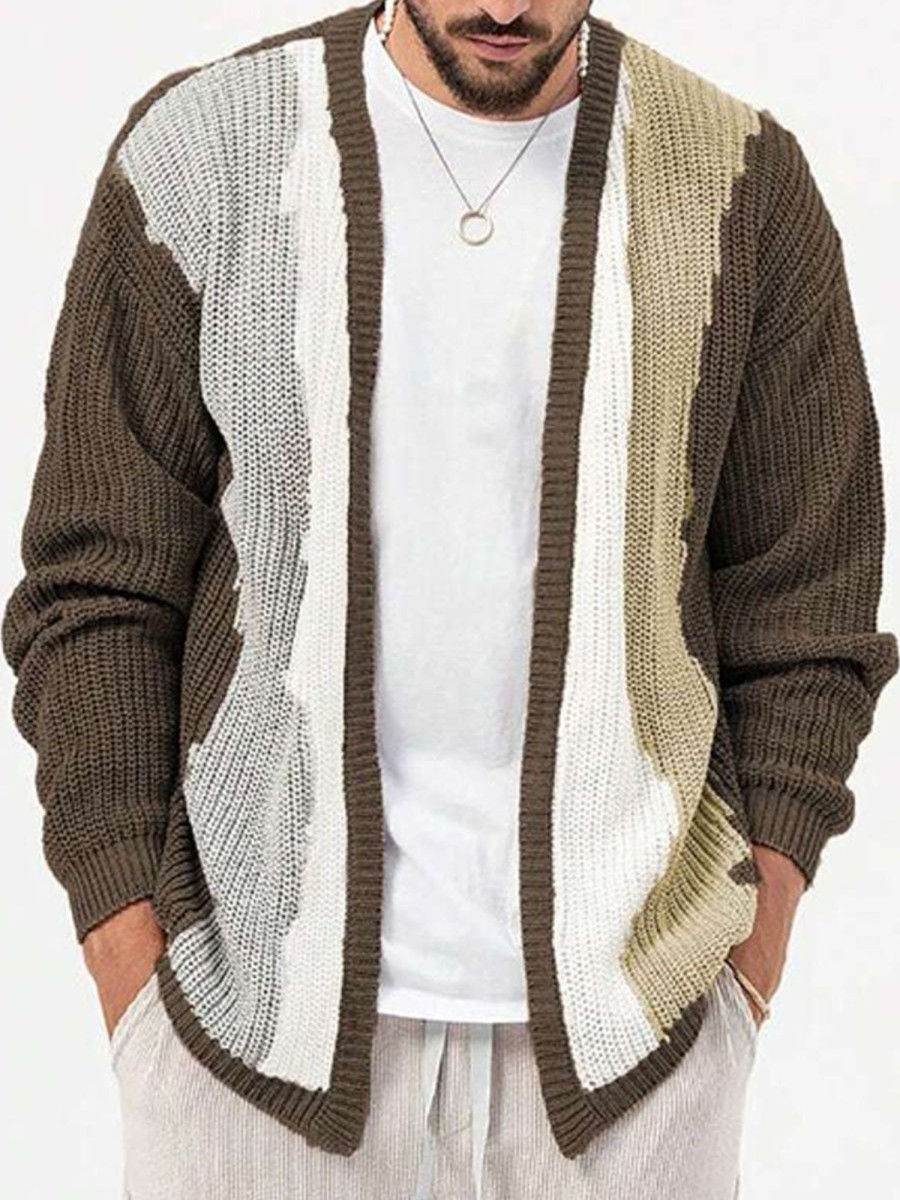 Men DJ Cardigan | Gradient Jacquard Casual Knitted Cardigan Brown