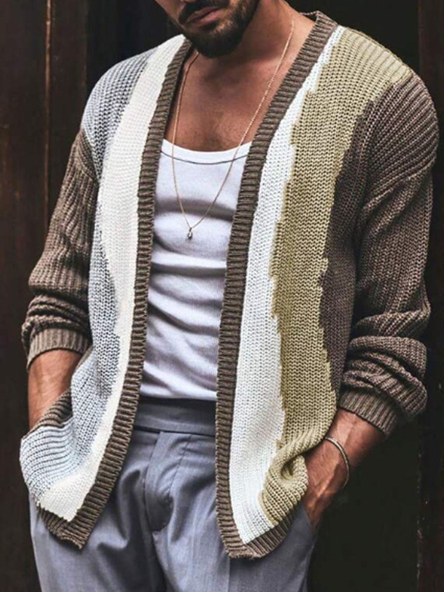 Men DJ Cardigan | Gradient Jacquard Casual Knitted Cardigan Brown