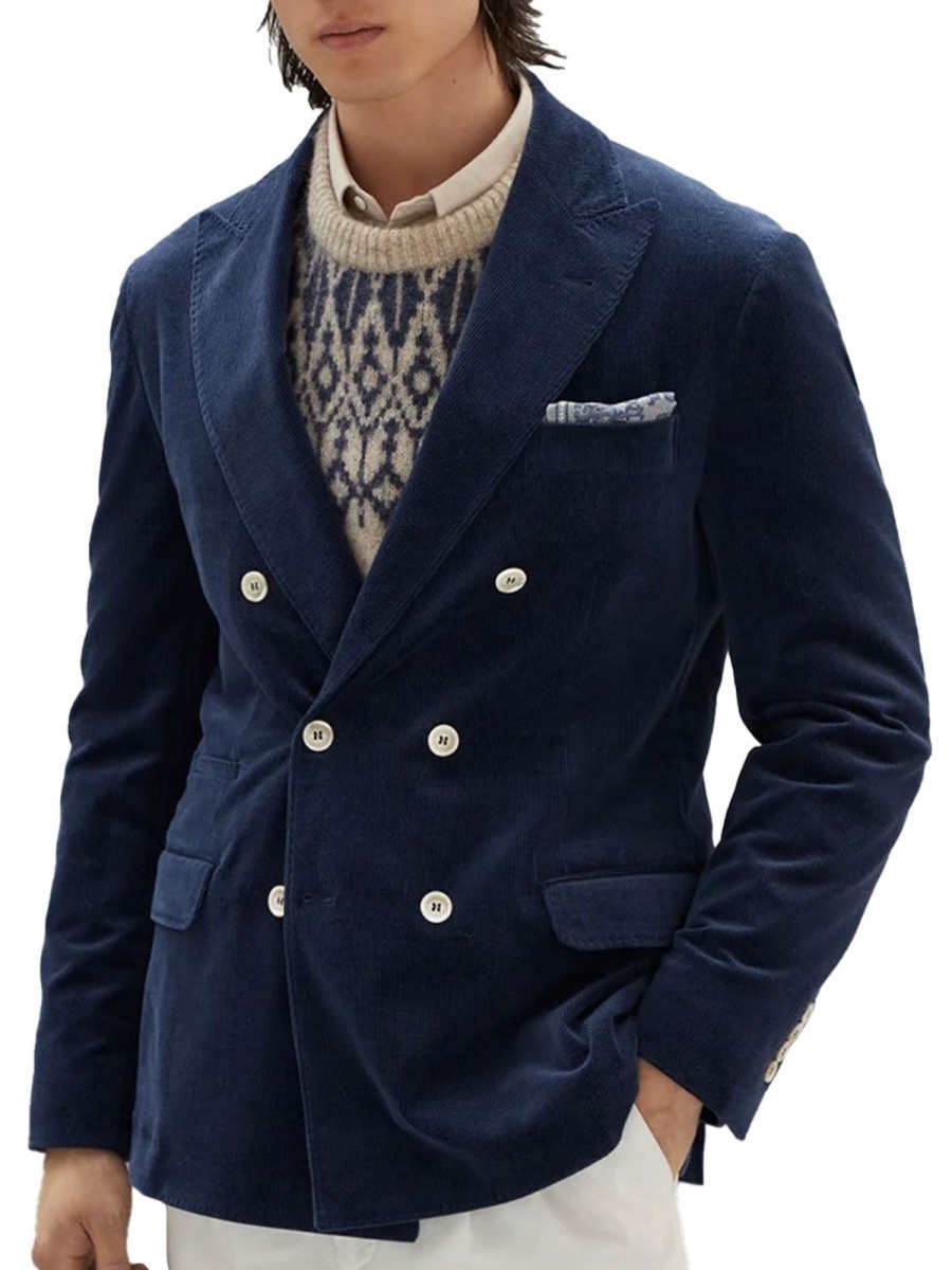 Men BXL Jacket | Men'S Vintage Corduroy Pocket Double Breasted Casual Blazer Dark Blue