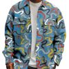 Men DJ Print Jacket | Retro Art Graffiti Print Corduroy Pocket Lapel Jacket Blue