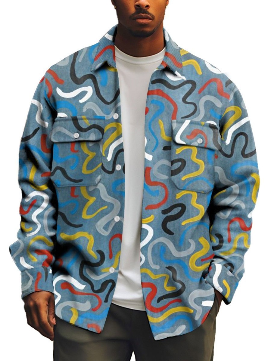 Men DJ Print Jacket | Retro Art Graffiti Print Corduroy Pocket Lapel Jacket Blue