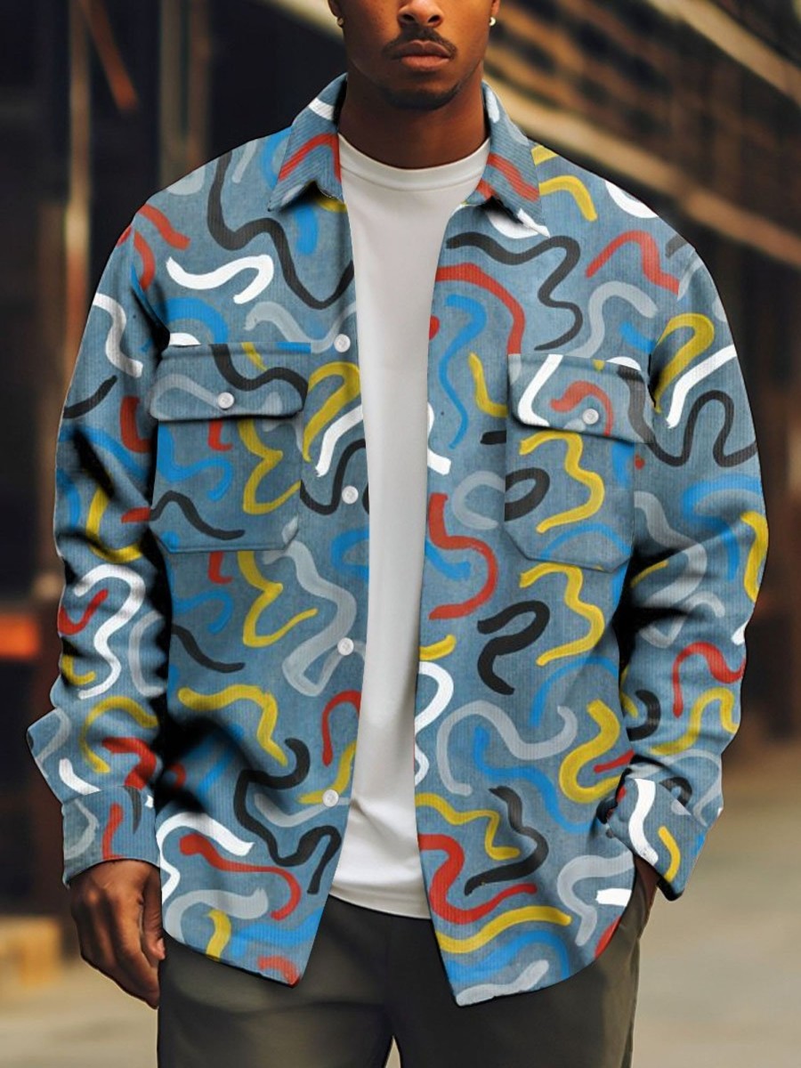 Men DJ Print Jacket | Retro Art Graffiti Print Corduroy Pocket Lapel Jacket Blue