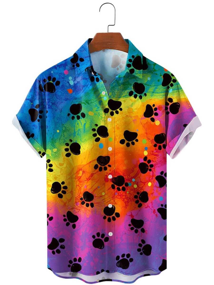 Men HLJ Shirts | Meow Rainbow Paw Print Hawaiian Short Sleeve Shirt Iridescent