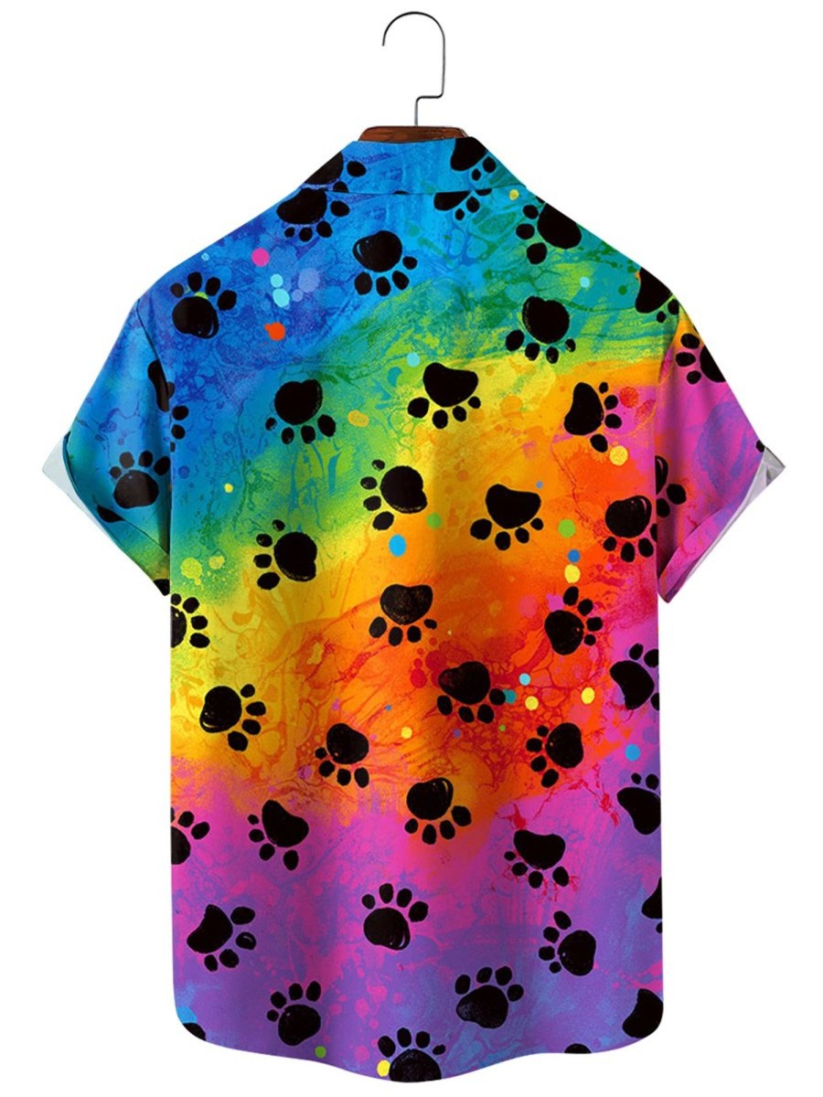 Men HLJ Shirts | Meow Rainbow Paw Print Hawaiian Short Sleeve Shirt Iridescent