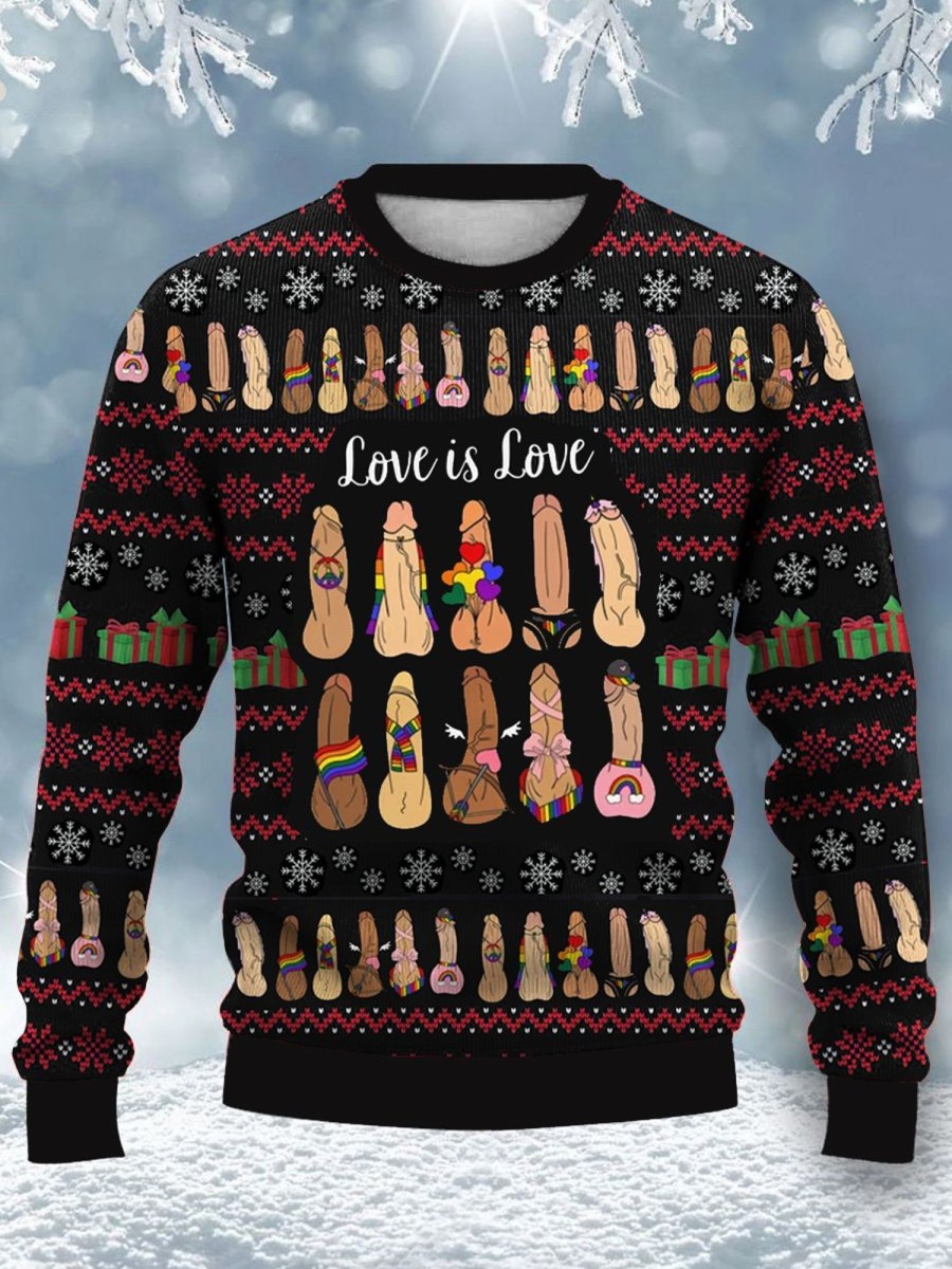 Men DJ Ugly Sweater | Love Is Love Cocks Printed Casual Crew Neck Sweatshirt Photo Color