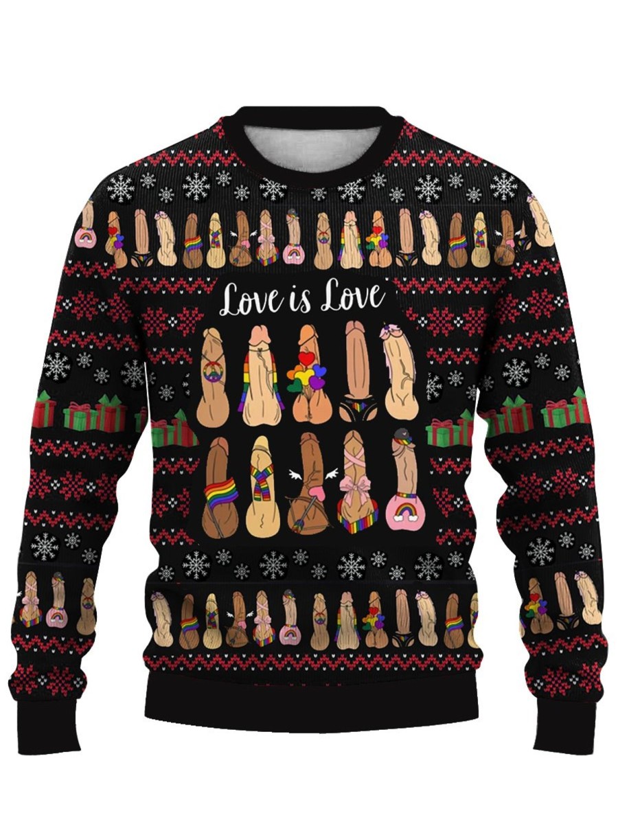 Men DJ Ugly Sweater | Love Is Love Cocks Printed Casual Crew Neck Sweatshirt Photo Color