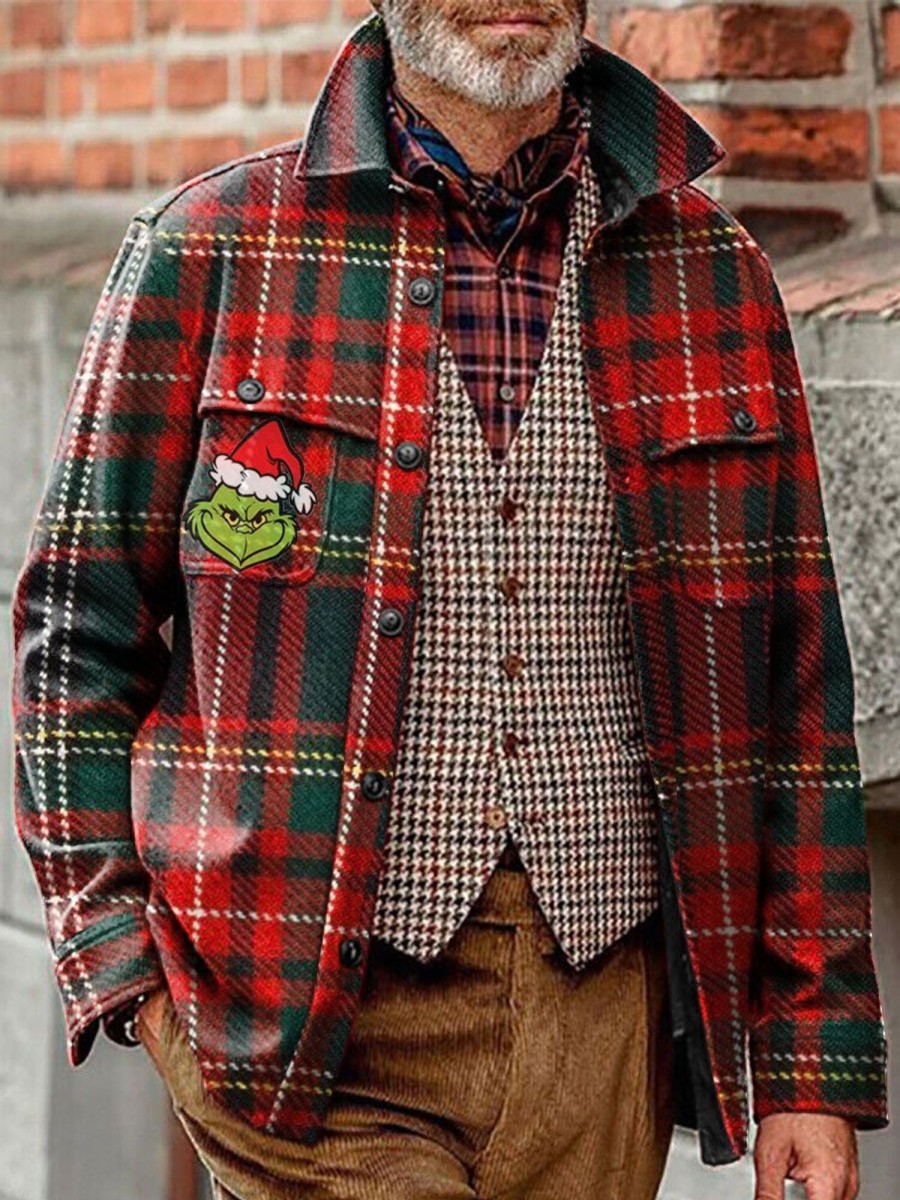 Men BXL Jacket | Men'S Casual Christmas Plaid Green Monster Lapel Pocket Jacket Red