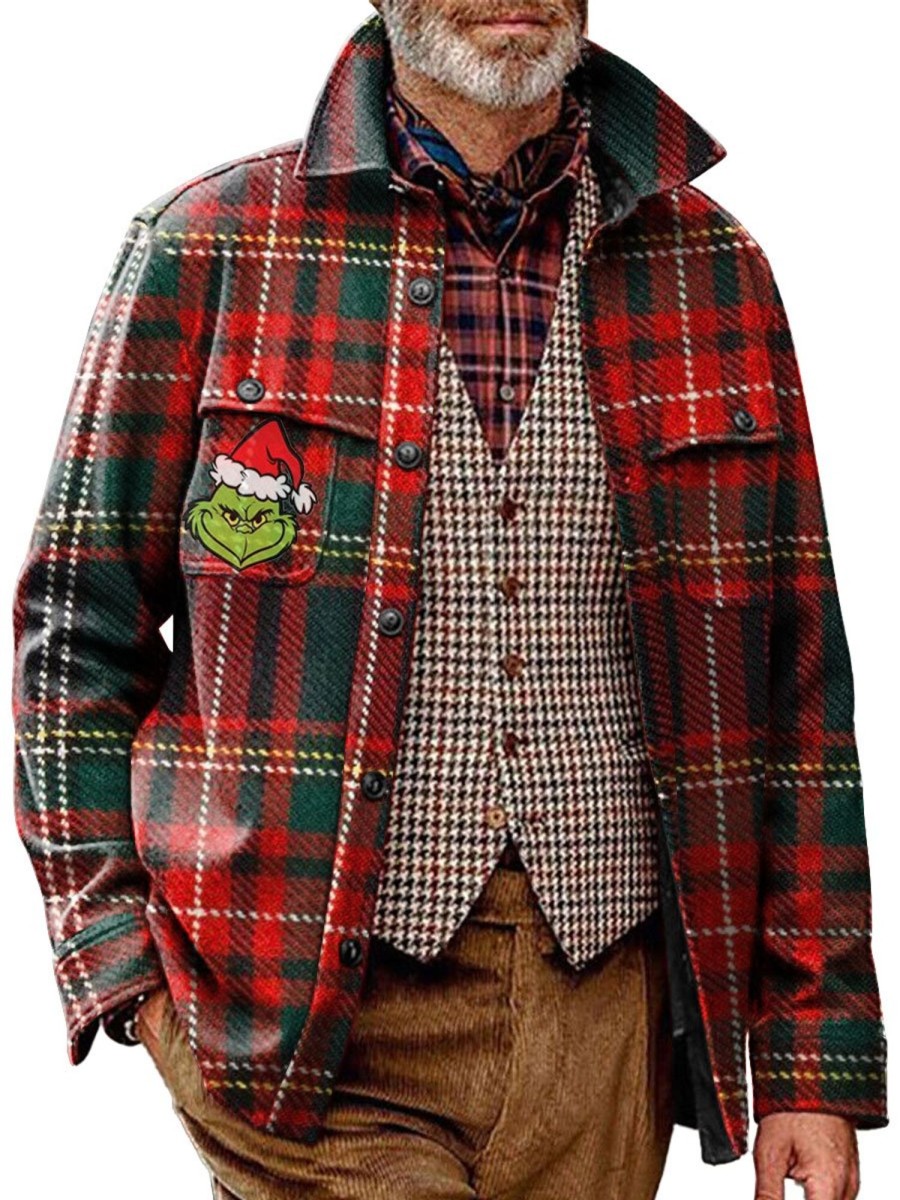 Men BXL Jacket | Men'S Casual Christmas Plaid Green Monster Lapel Pocket Jacket Red