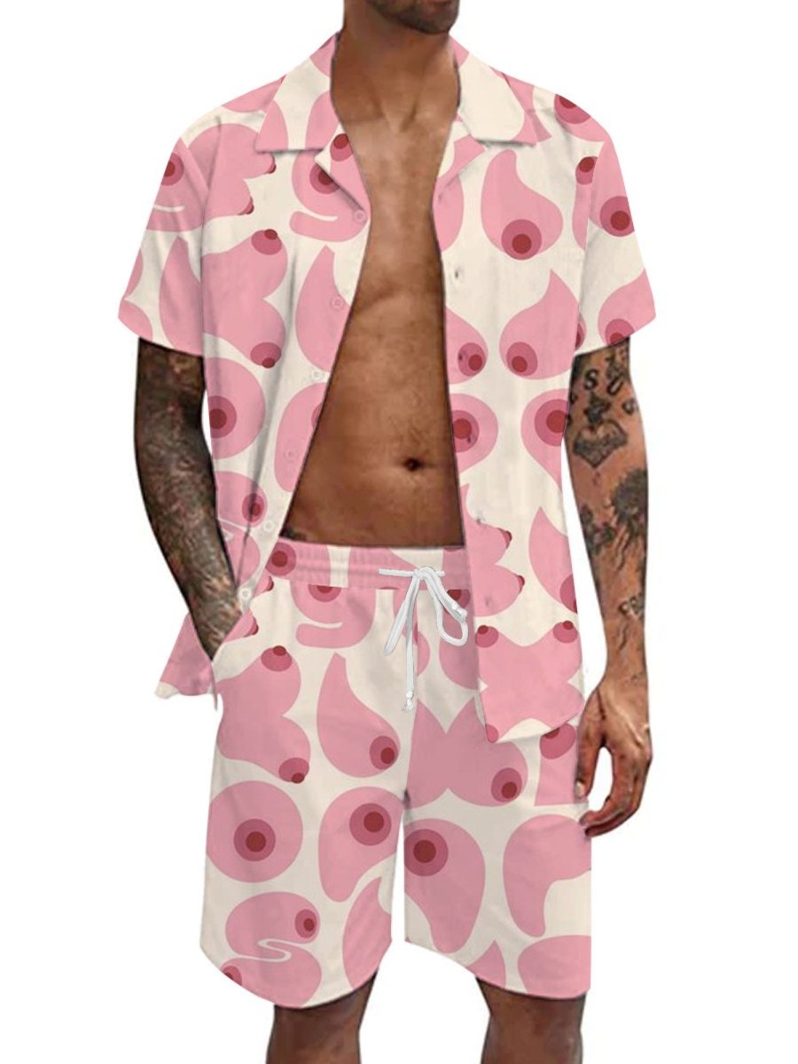 Men DJ Set | Boobs Print Shirt And Shorts Two-Piece Suit Pink