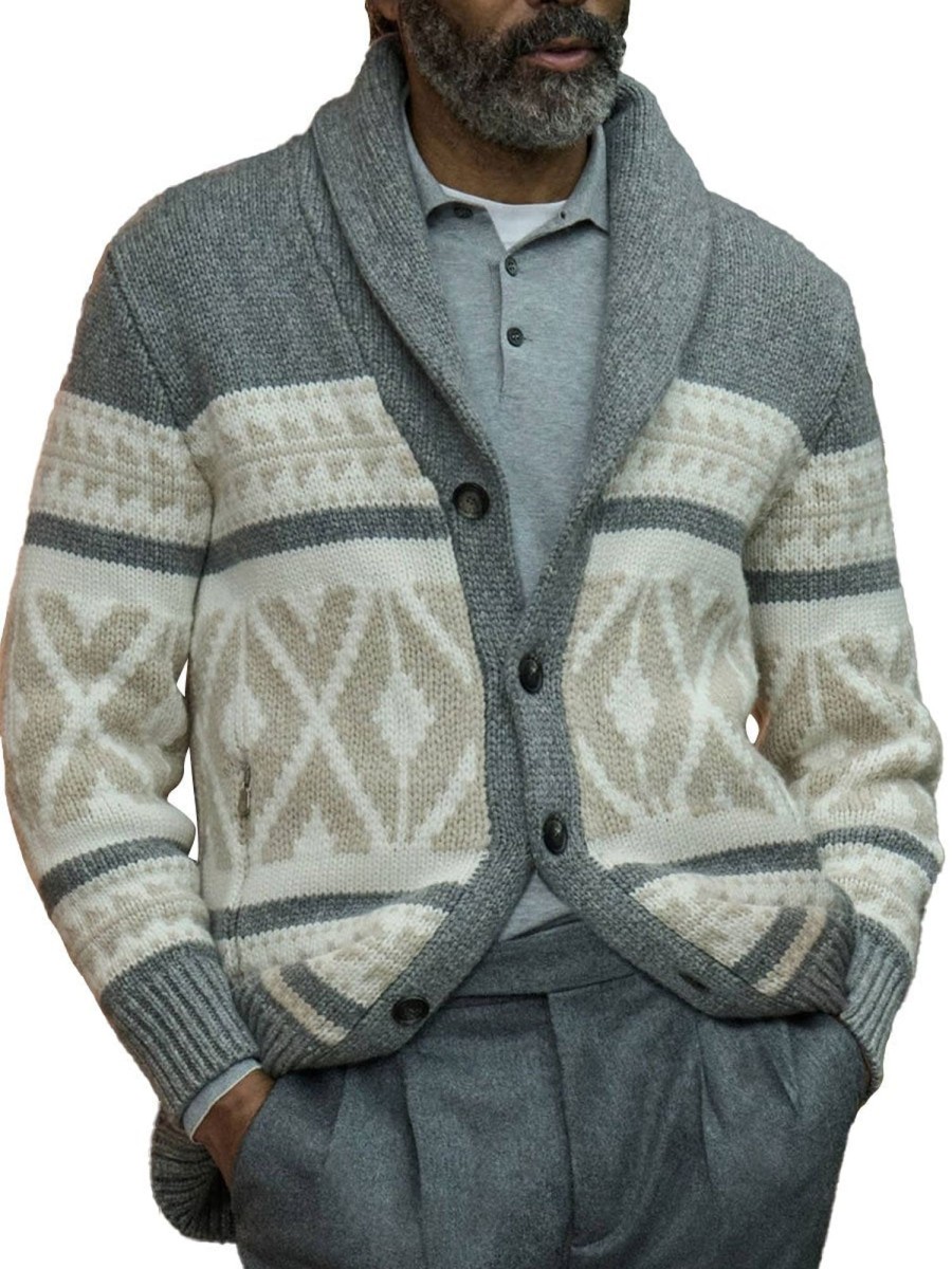 Men BXL Cardigan | Retro Geometric Lapel Casual Button Knitted Cardigan Gray