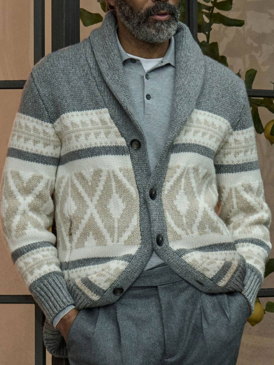 Men BXL Cardigan | Retro Geometric Lapel Casual Button Knitted Cardigan Gray