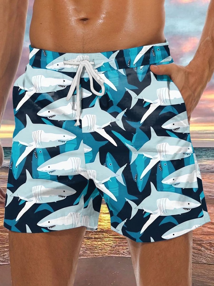 Men LJC Bottoms | Shark Print Track Shorts Photo Color