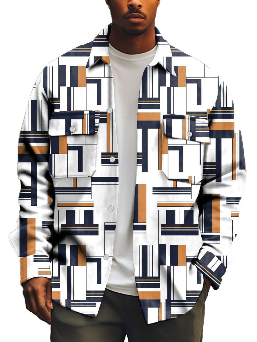 Men BXL Print Jacket | Men'S Corduroy Geometric Print Single-Breasted Shirt Jacket Photo Color