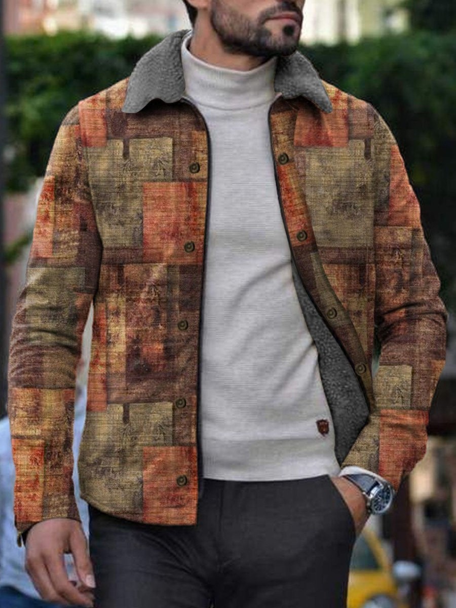 Men DJ Jacket | Retro Printed Fleece Warm Lapel Jacket Photo Color