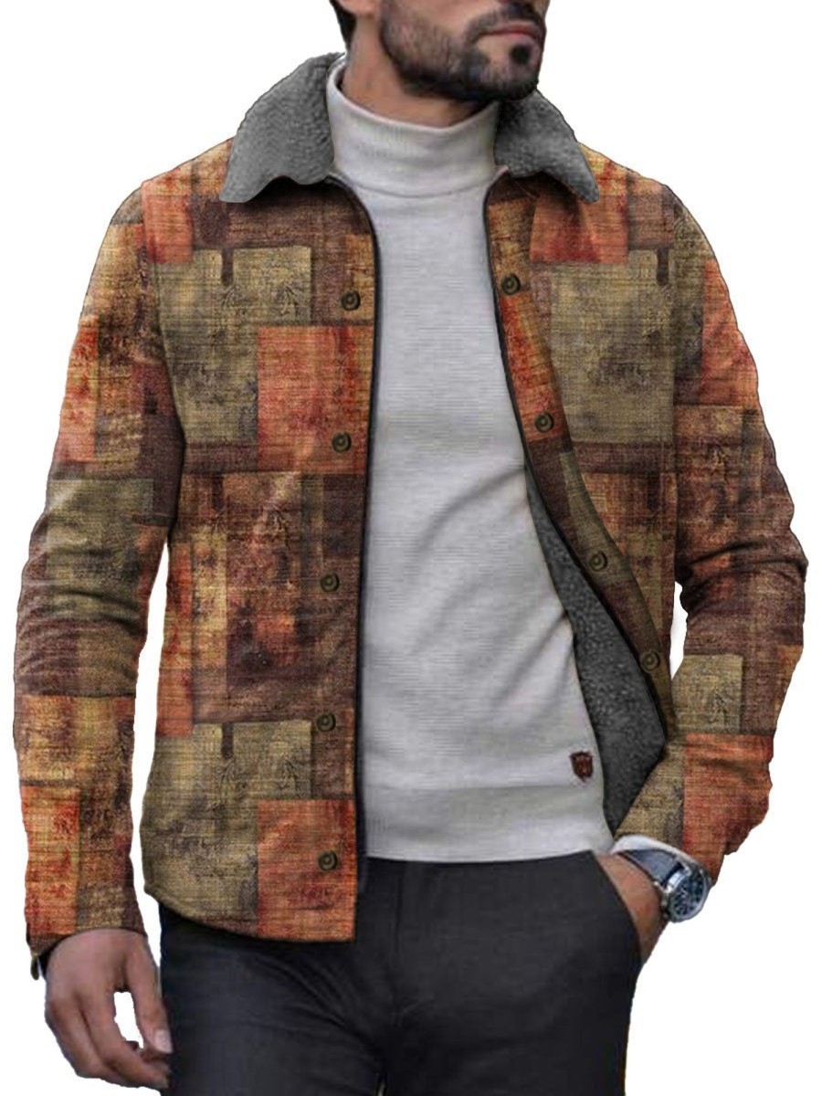 Men DJ Jacket | Retro Printed Fleece Warm Lapel Jacket Photo Color