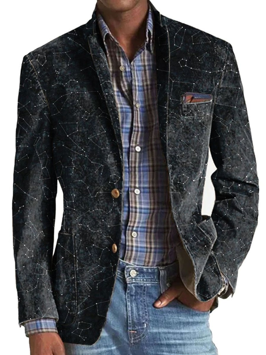 Men TH Print Jacket | Men'S Retro Starry Sky Print Casual Pocket Blazer Dark Gray