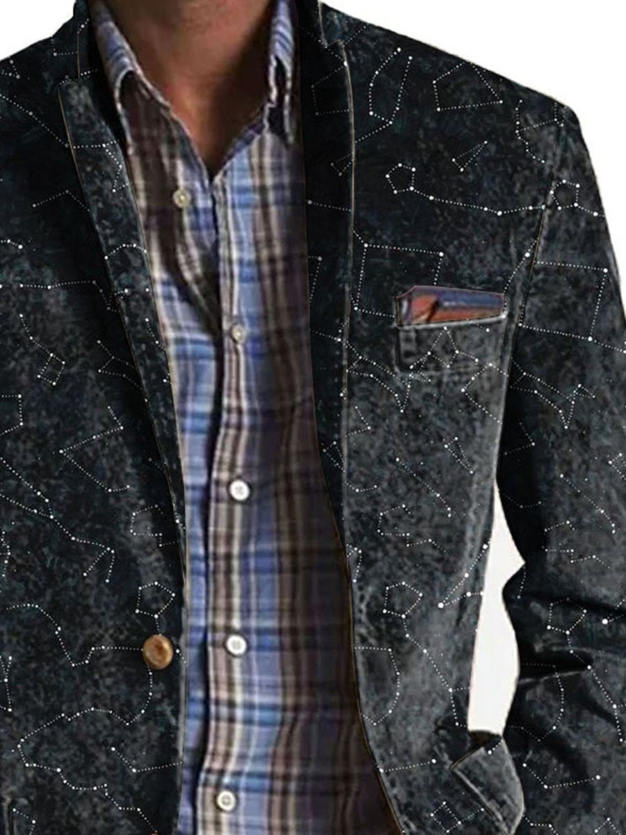 Men TH Print Jacket | Men'S Retro Starry Sky Print Casual Pocket Blazer Dark Gray