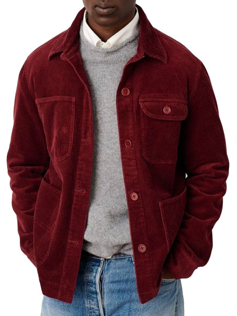 Men DJ Jacket | Vintage Lapel 4-Pocket Corduroy Single-Breasted Casual Jacket Claret