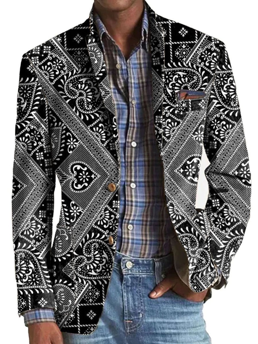 Men DJ Print Jacket | Retro Ethnic Style Printed Lapel Single Breasted Casual Blazer Black