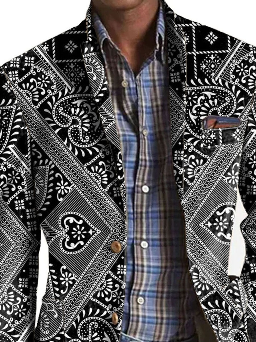 Men DJ Print Jacket | Retro Ethnic Style Printed Lapel Single Breasted Casual Blazer Black