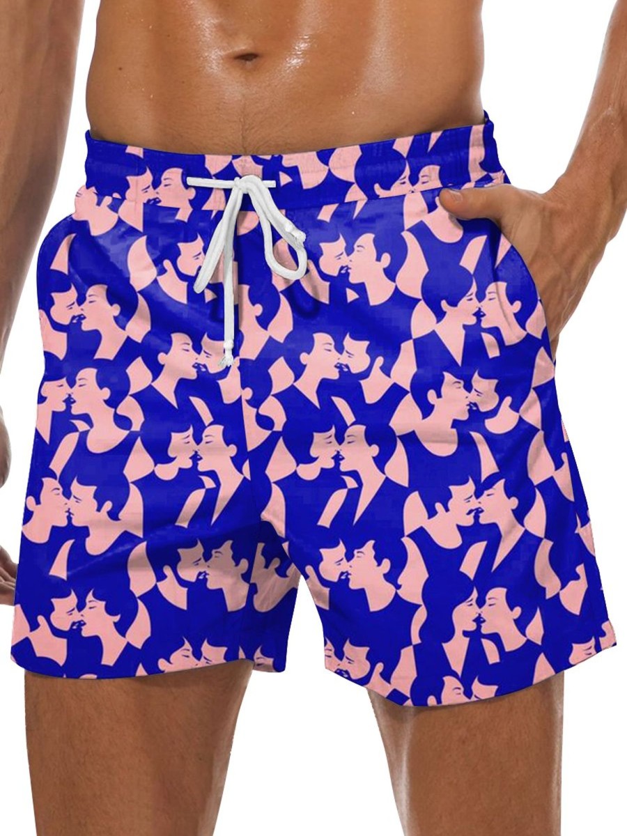 Men GYJ Shorts | Character Print Drawstring Track Shorts Blue