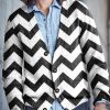 Men DJ Print Cardigan | Retro And White Wave Print V-Neck Knitted Cardigan Black