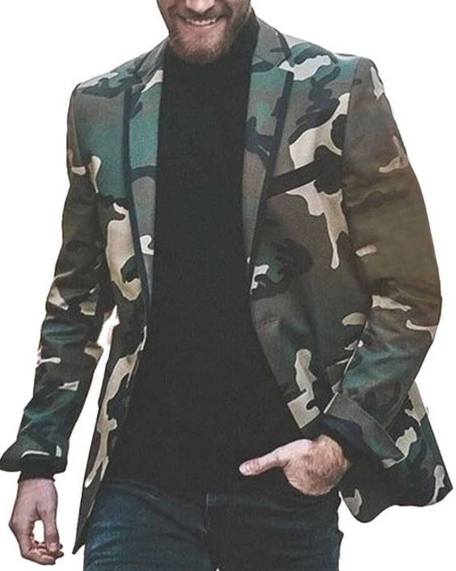 Men DJ Jacket | Lapel Three-Pocket Camouflage Casual Blazer Army Green