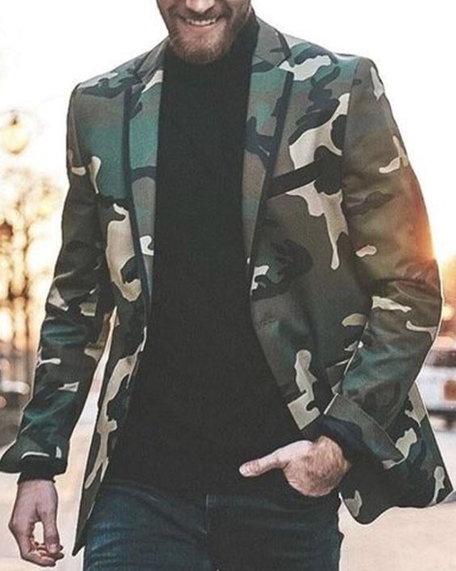 Men DJ Jacket | Lapel Three-Pocket Camouflage Casual Blazer Army Green