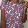 Women DJ | Breast Cancer Ribbon Print Casual Round Neck Short Sleeve T-Shirt Pink