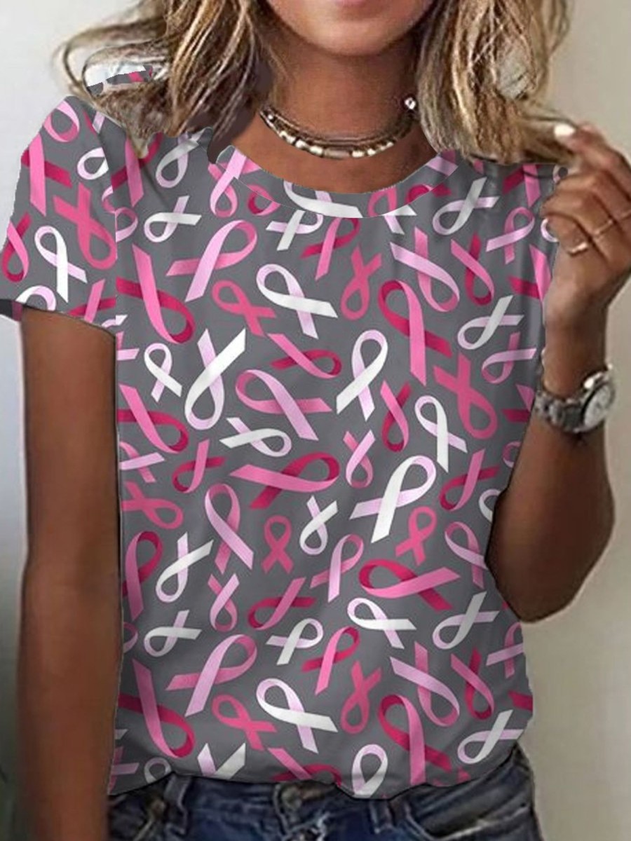 Women DJ | Breast Cancer Ribbon Print Casual Round Neck Short Sleeve T-Shirt Pink