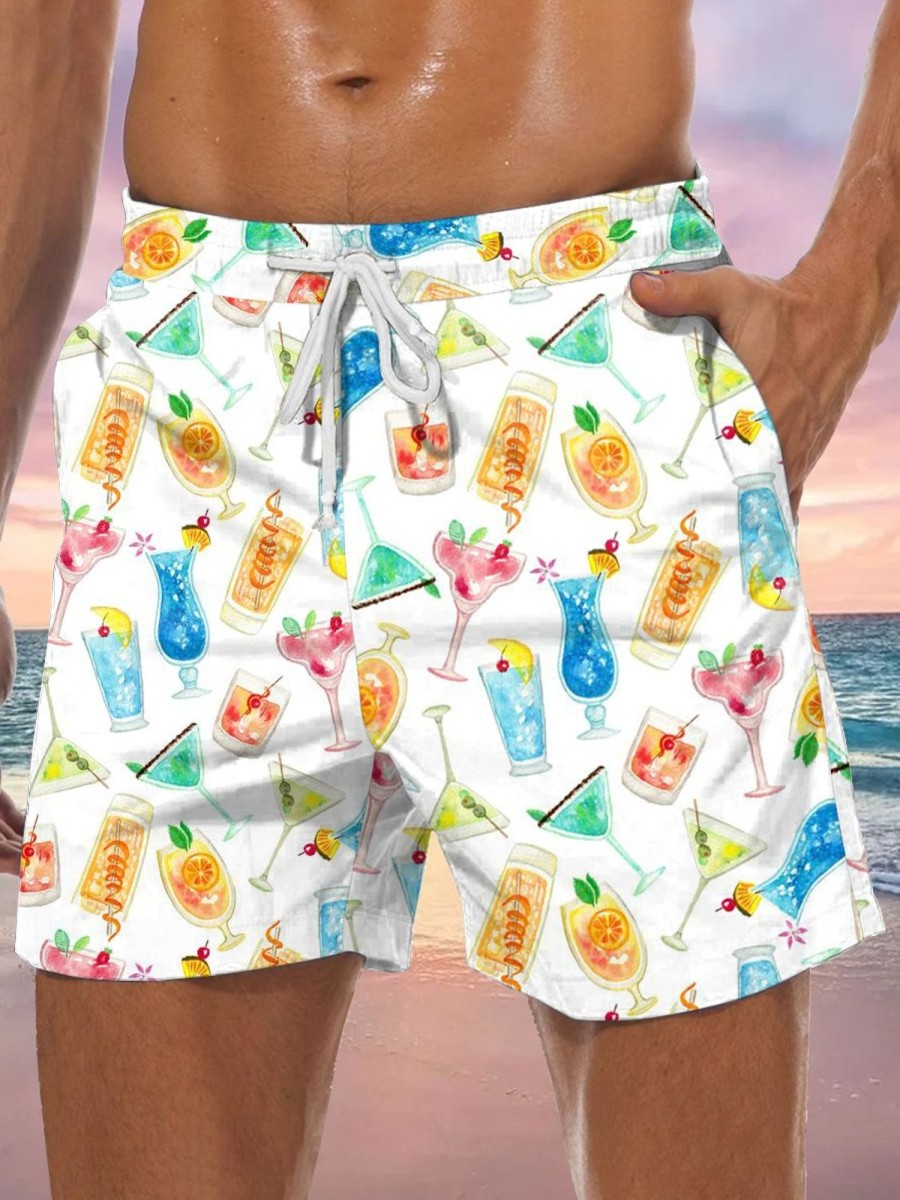 Men GYJ Shorts | Drink Graphic Print Shorts White