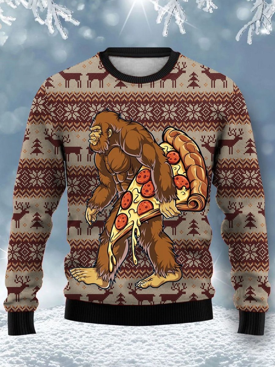 Men DJ Ugly Sweater | Vintage Big Foot Print Crew Neck Sweatshirt Brown