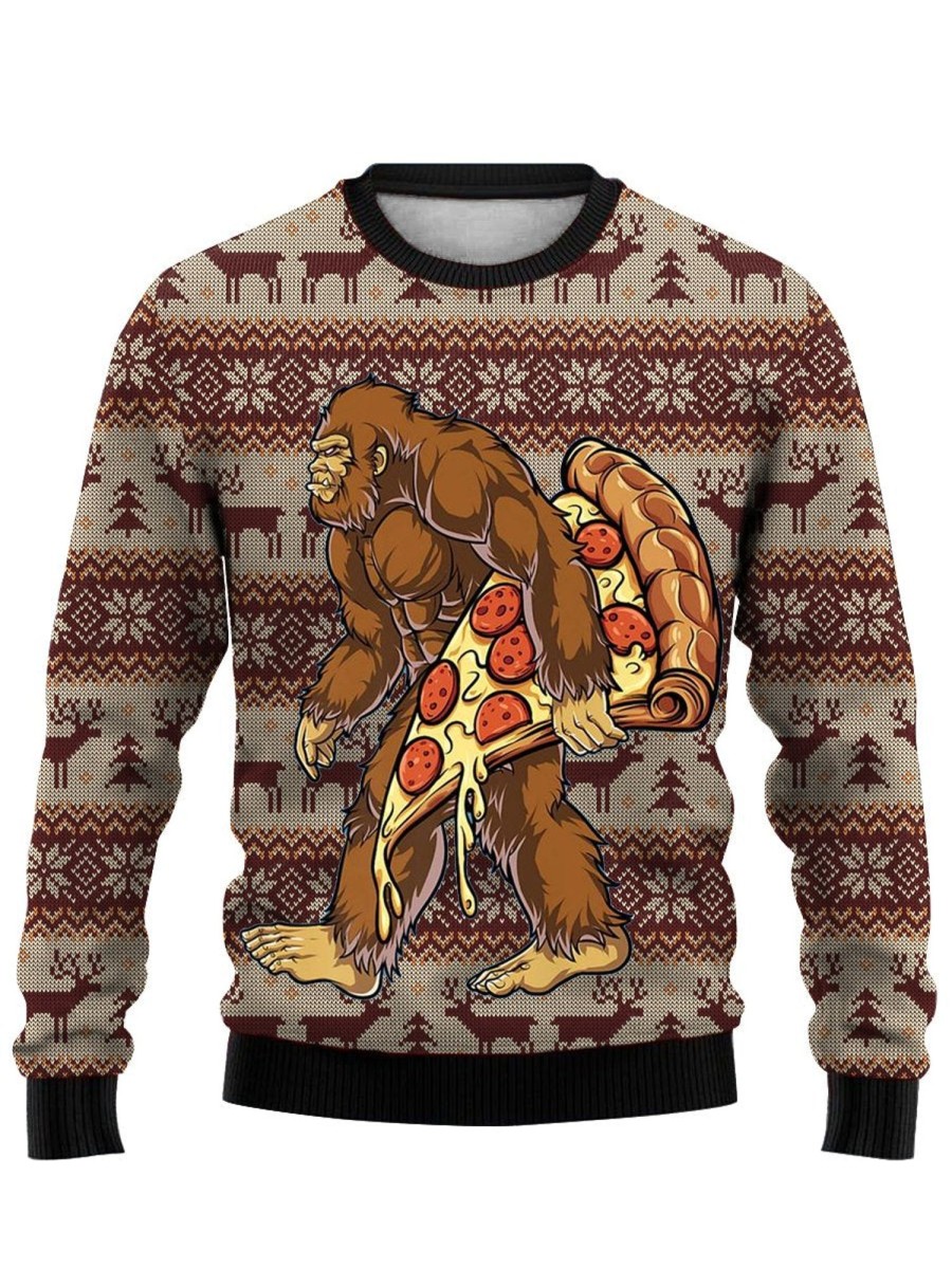 Men DJ Ugly Sweater | Vintage Big Foot Print Crew Neck Sweatshirt Brown