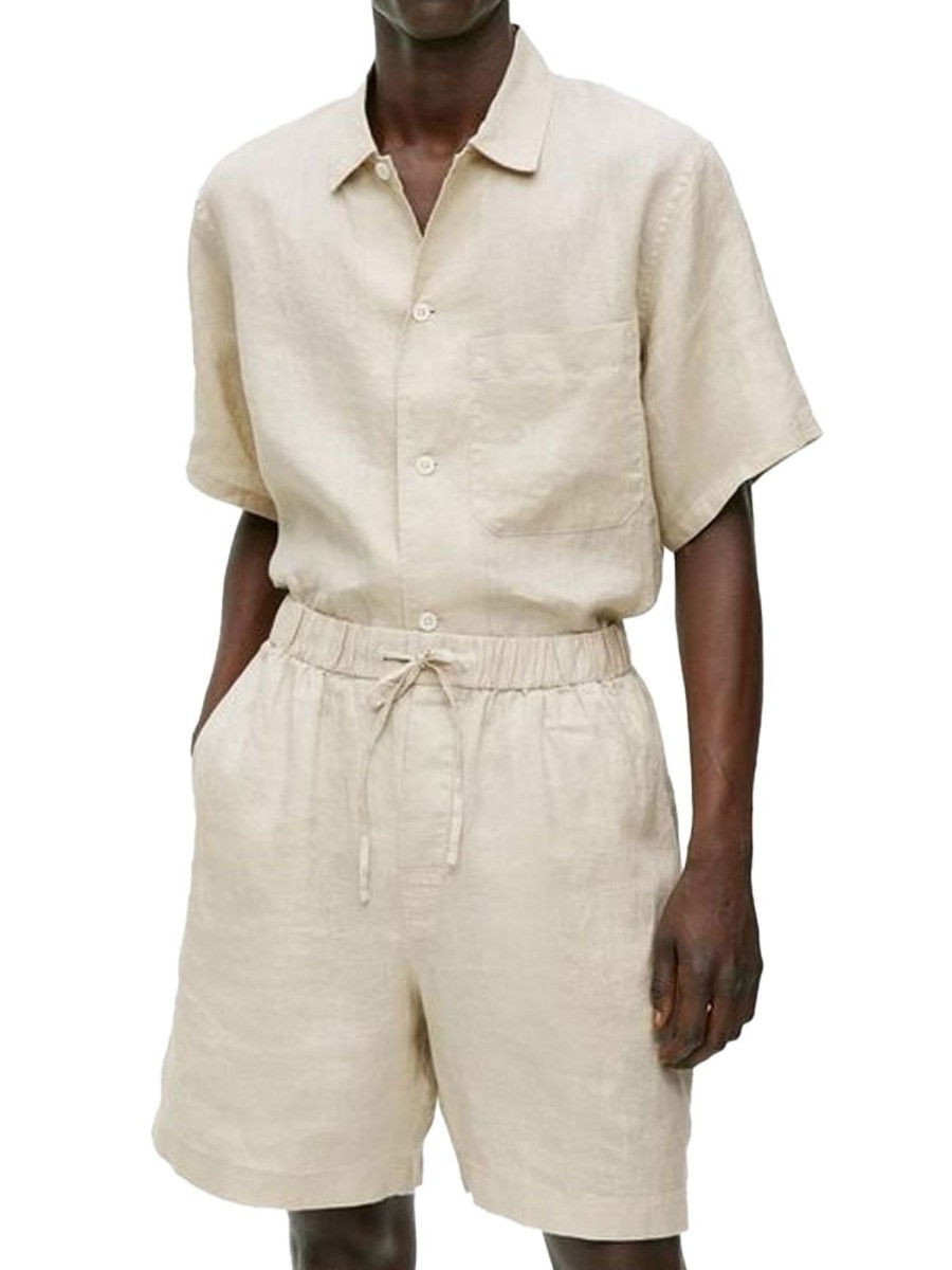 Men BXL Set | Men'S Cotton And Linen Short-Sleeved Shirt Shorts Casual Suit Sand Color