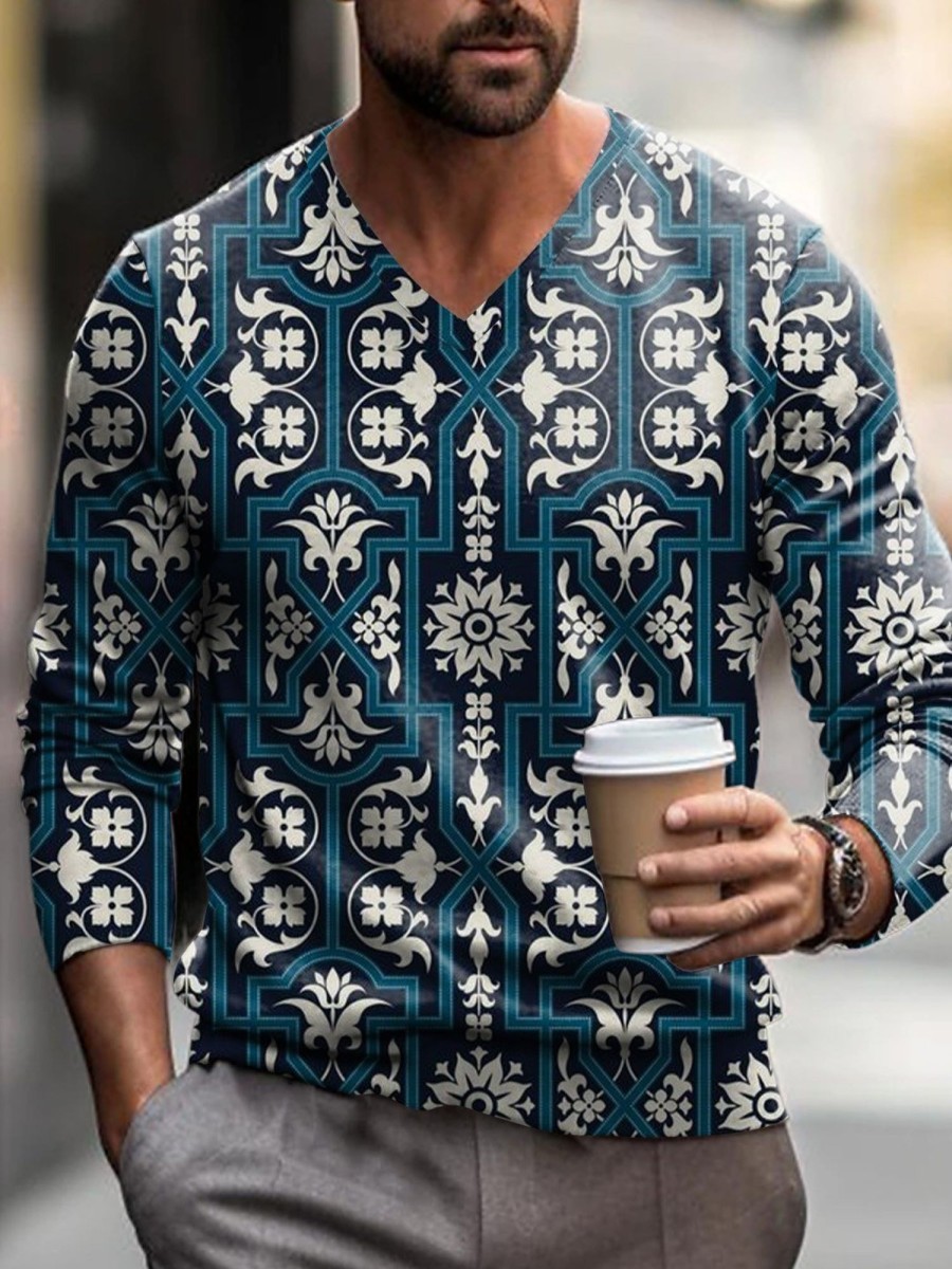 Men GYJ Print Sweater | Vintage Ethnic Print V-Neck Knitted Sweater Photo Color