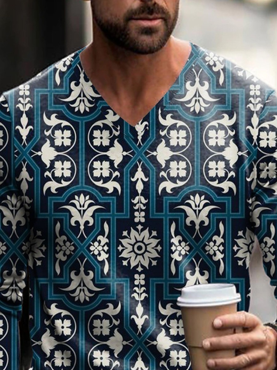 Men GYJ Print Sweater | Vintage Ethnic Print V-Neck Knitted Sweater Photo Color