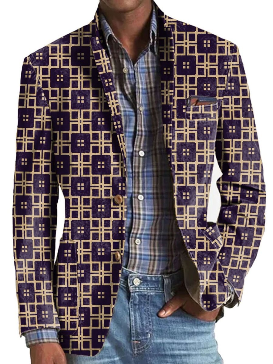 Men BXL Print Jacket | Men'S Retro Geometric Print Pocket Casual Blazer Purple